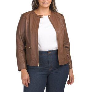 COLE HAAN Hickory Plus Genuine Lambskin Leather Jacket With Woven Details